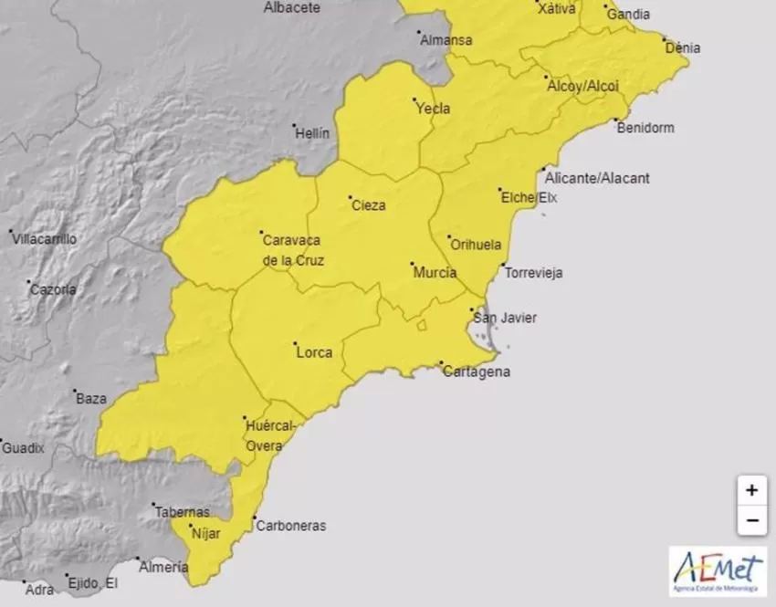 AEMET extiende su aviso amarillo por lluvias para este lunes a toda la Región