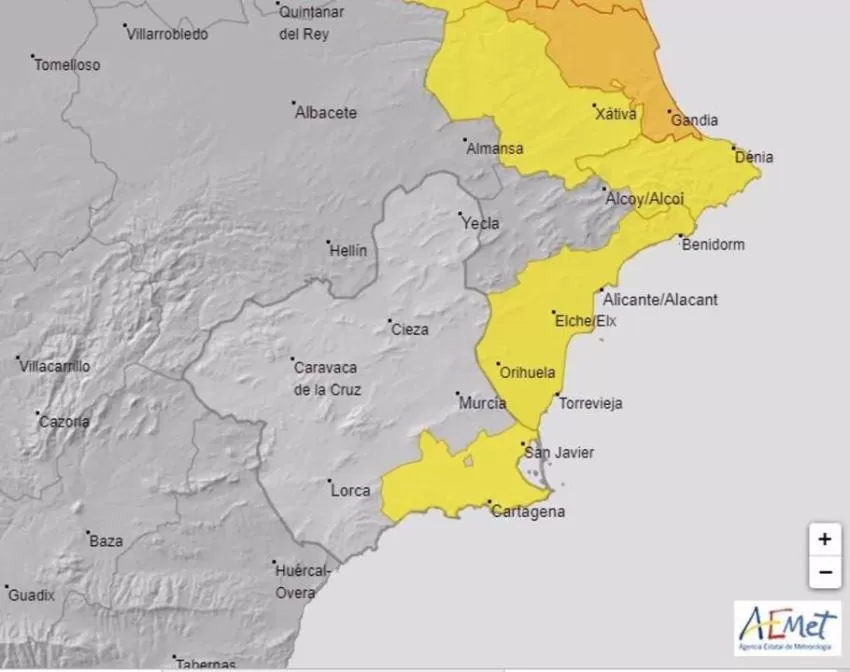 La Aemet mantiene su aviso amarillo por lluvias para este jueves y viernes en el Campo de Cartagena y Mazarrón