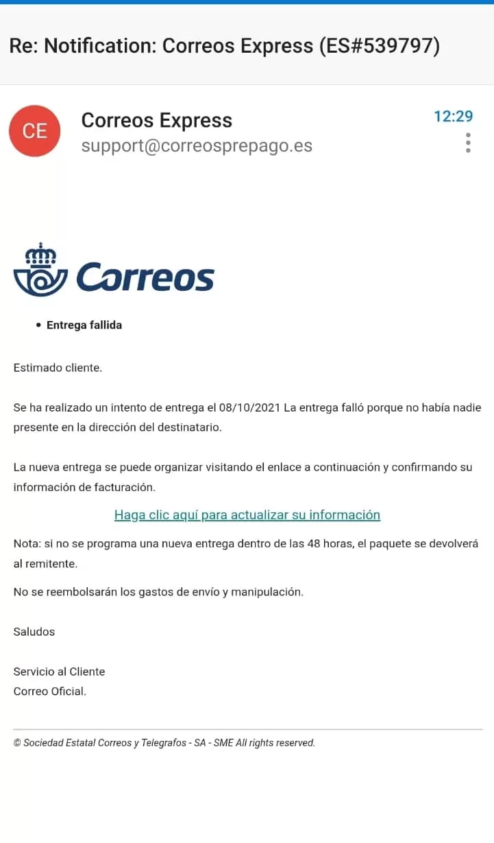 Consumur alerta de un correo electrónico fraudulento que informa de una supuesta entrega fallida de Correos