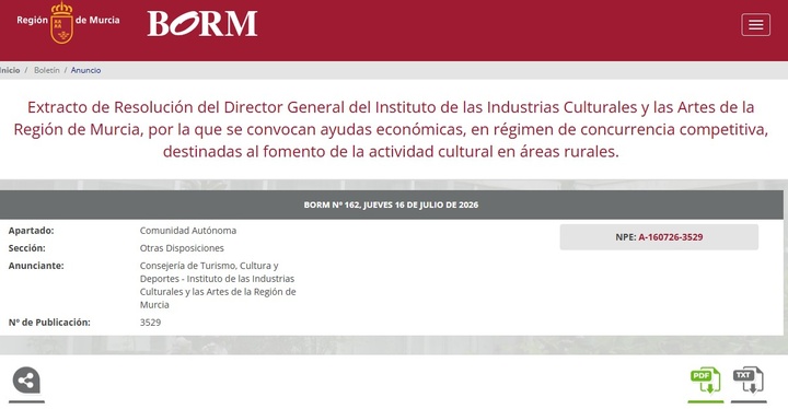 Cultura dota con más de 64.000 euros proyectos que se desarrollen en áreas rurales