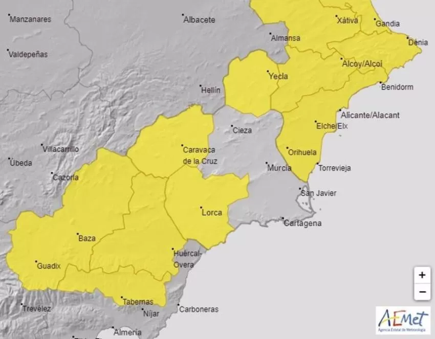 El Altiplano, Noroeste y Valle del Guadalentín, Lorca y Águilas estarán este jueves en aviso amarillo por tormentas