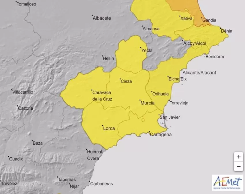 El aviso amarillo por lluvias se extiende este viernes a toda la Región de Murcia