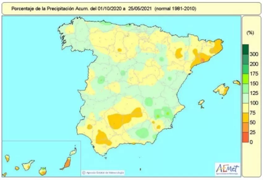 El déficit de precipitaciones acumuladas en España desde octubre crece una semana más hasta el 9% respecto a lo normal