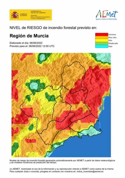 El nivel de riesgo de incendio forestal es extremo o muy alto en la mayor parte de la Región este lunes