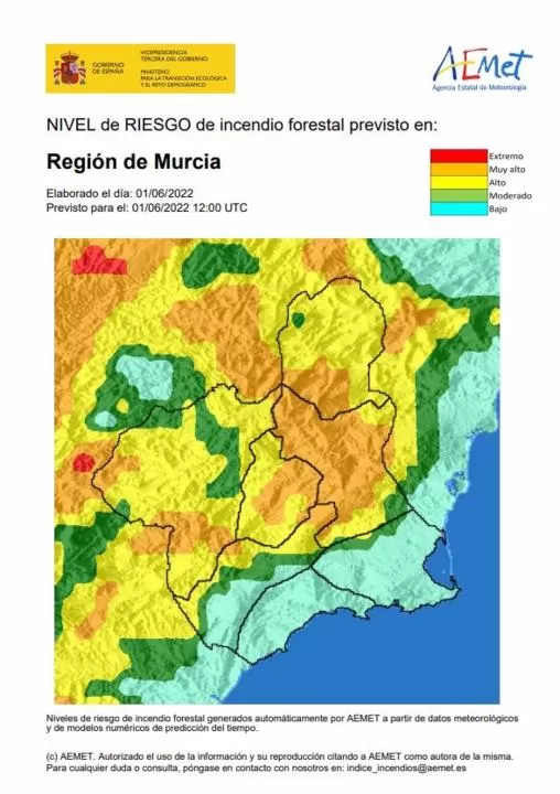 El nivel de riesgo de incendio forestal para este miércoles es muy alto en Vega Alta-Ricote-Murcia