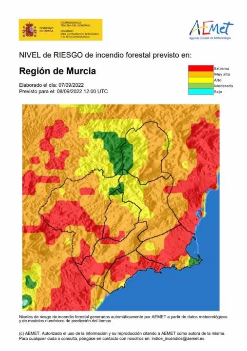 El nivel de riesgo de incendio forestal previsto para este jueves es extremo o muy alto en casi toda la Región