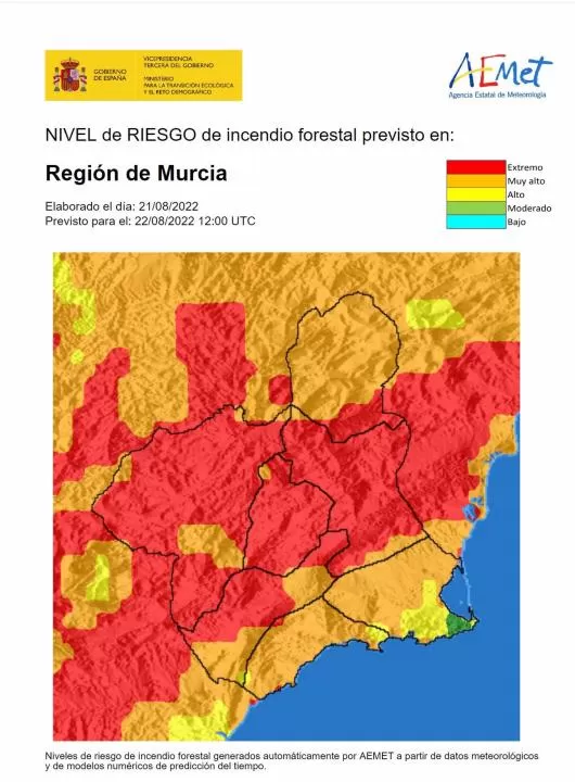 El nivel de riesgo de incendio forestal previsto para este lunes es extremo en gran parte de la Región