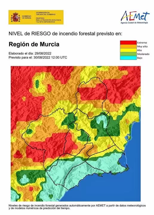 El nivel de riesgo de incendio forestal previsto para este martes es muy alto en el Altiplano, Cuenca de Mula y Noroeste
