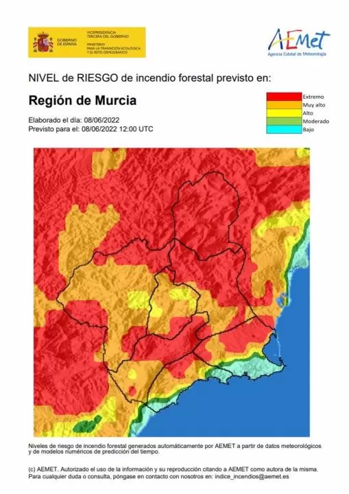 El nivel de riesgo de incendio forestal previsto para este miércoles es extremo o muy alto en casi toda la Región