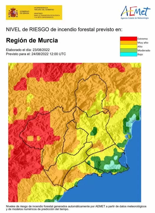 El nivel de riesgo de incendio forestal previsto para este miércoles es muy alto o alto en gran parte de la Región