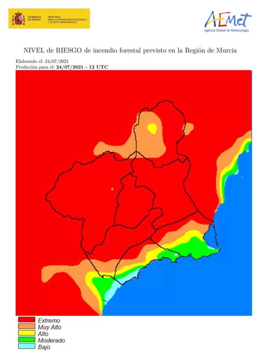 El nivel de riesgo de incendio forestal previsto para este sábado es extremo en la mayor parte de la Región