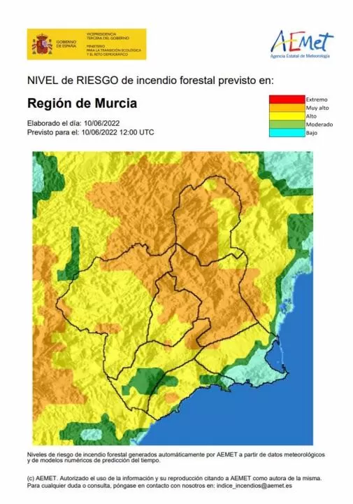 El nivel de riesgo de incendio forestal previsto para este viernes es muy alto en Altiplano, Cuenca de Mula y Vega Alta