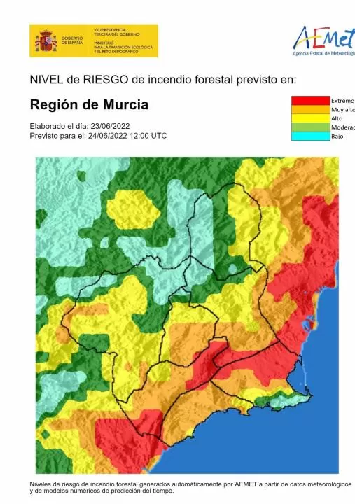 El nivel de riesgo de incendio forestal previsto para este viernes es muy alto en el Guadalentín y el litoral