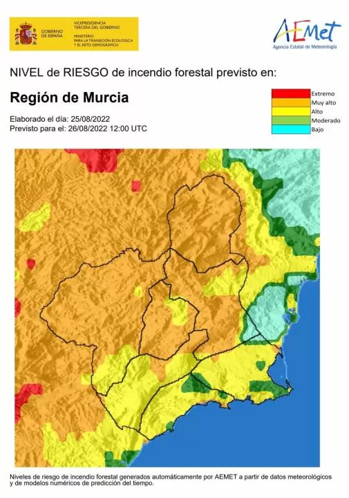 El nivel de riesgo de incendio forestal previsto para este viernes es muy alto o alto en la Región de Murcia