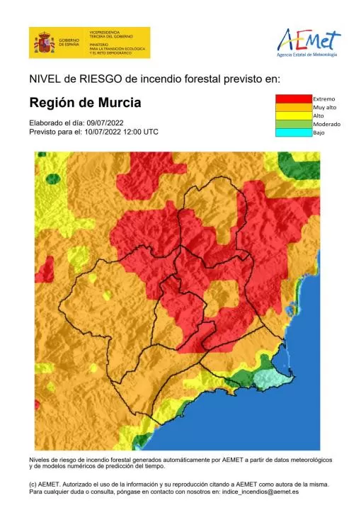 El nivel de riesgo de incendio forestal previsto para hoy es 'extremo' o 'muy alto' en Región de Murcia