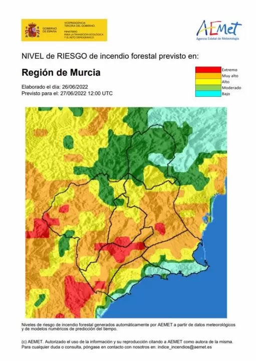 El riesgo de incendio forestal previsto para este lunes es muy alto en Guadalentín, Mula y Vega Alta-Ricote-Murcia