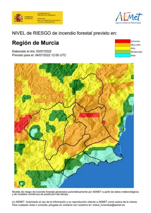 El riesgo de incendio forestal previsto para este lunes es muy alto en la Cuenca de Mula y Vega Alta