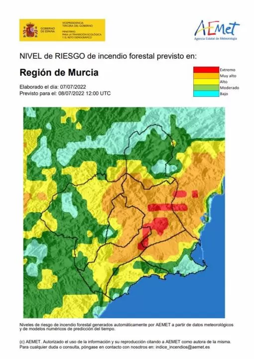 El riesgo de incendio forestal previsto para este viernes es muy alto en la Cuenca de Mula y Vega Alta
