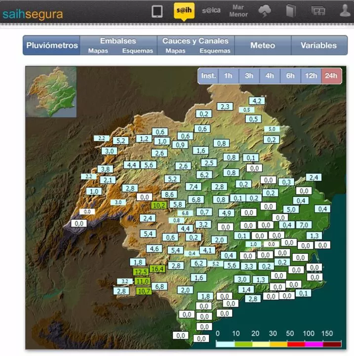 El suroeste de la cuenca del Segura concentra la mayor parte de las precipitaciones caídas en las últimas 24 horas