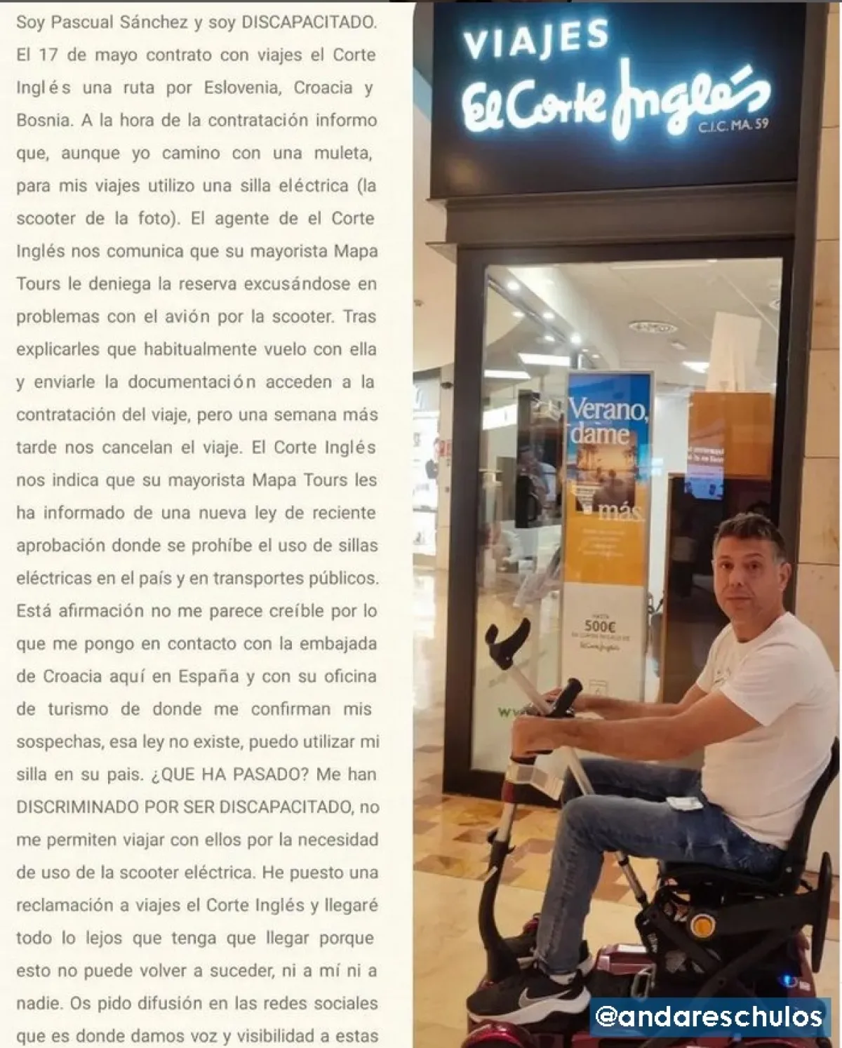 La agencia de viajes de El Corte Inglés anula el viaje de un ciezano por viajar con silla de ruedas eléctrica