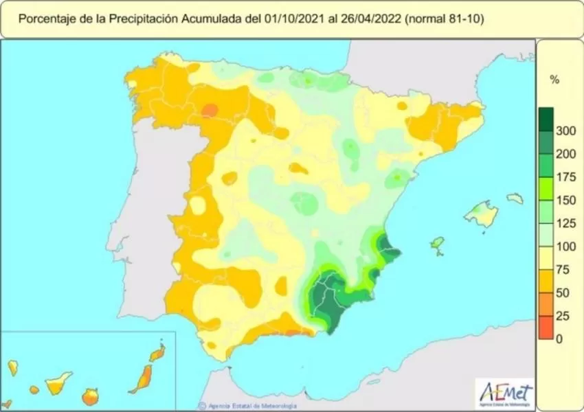 La falta de lluvias acumulada desde octubre de 2021 hasta el 26 de abril baja hasta el 19% por debajo de lo normal