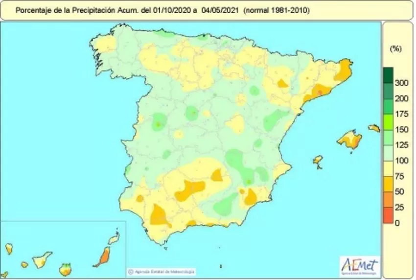 Las lluvias acumuladas desde el 1 de octubre de 2020 hasta el 4 de mayo de 2021 se quedan un 6% por debajo de lo normal