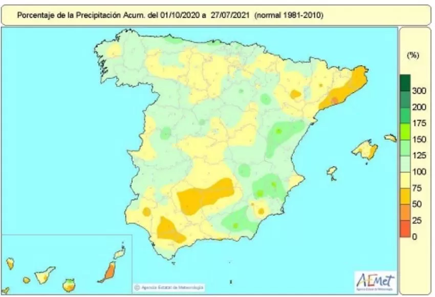 Las lluvias acumuladas desde el 1 de octubre pasado hasta el 27 de julio están un 7 por ciento por debajo de lo normal