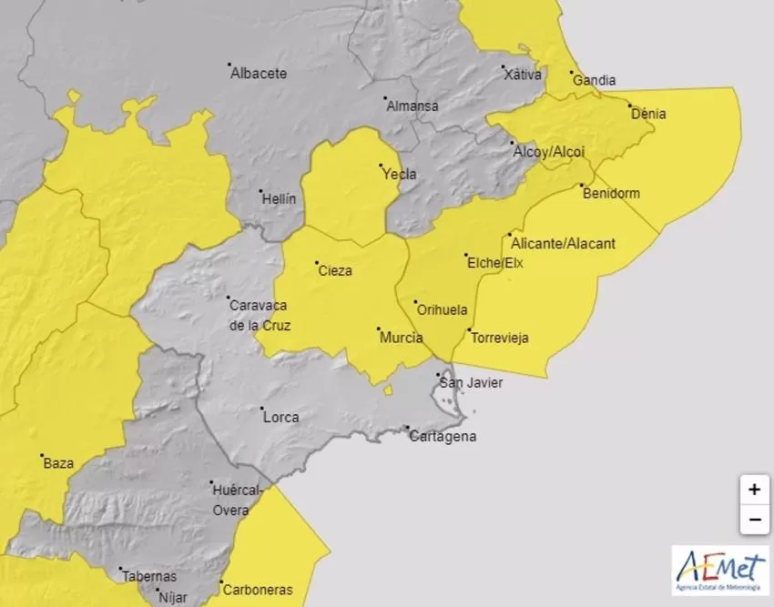 Meteorología activa el aviso amarillo por lluvias este viernes en la Vega del Segura y el Altiplano