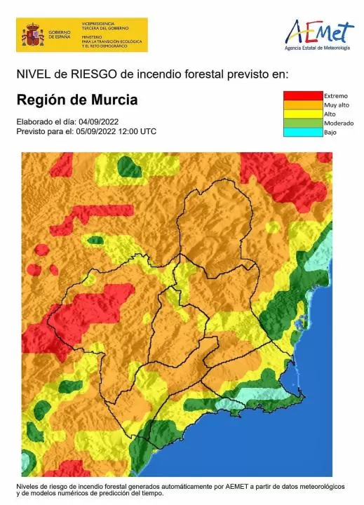 Meteorología establece este lunes un nivel de riesgo de incendio forestal muy alto o alto en la Región