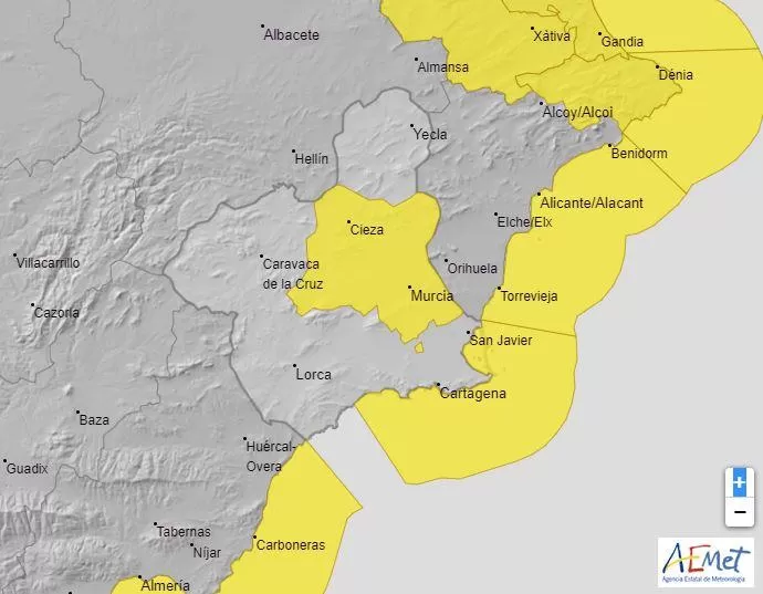 Nivel amarillo por lluvias en la Vega del Segura que podrían acumular hasta 70 litros en 12 horas