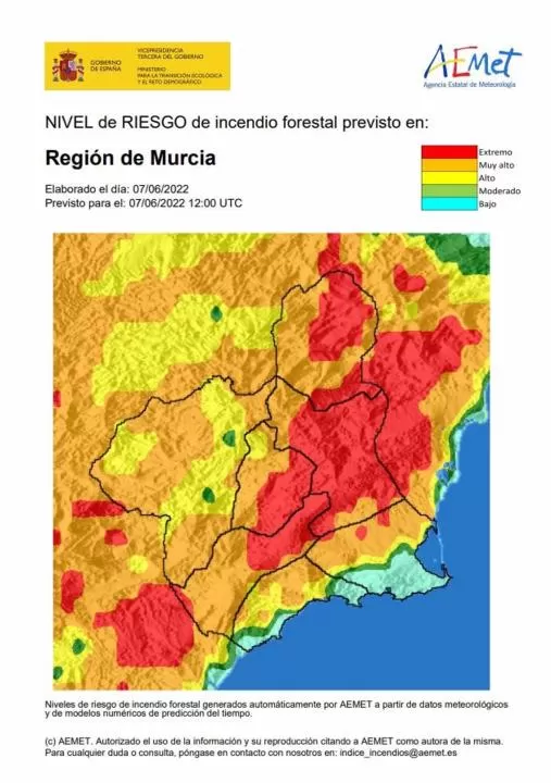 Nivel de riesgo de incendio forestal extremo o muy alto en la mayor parte de la Región este martes