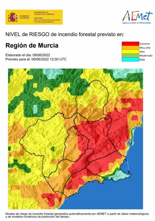 Nivel de riesgo de incendio forestal para este jueves extremo o muy alto en gran parte de la Región