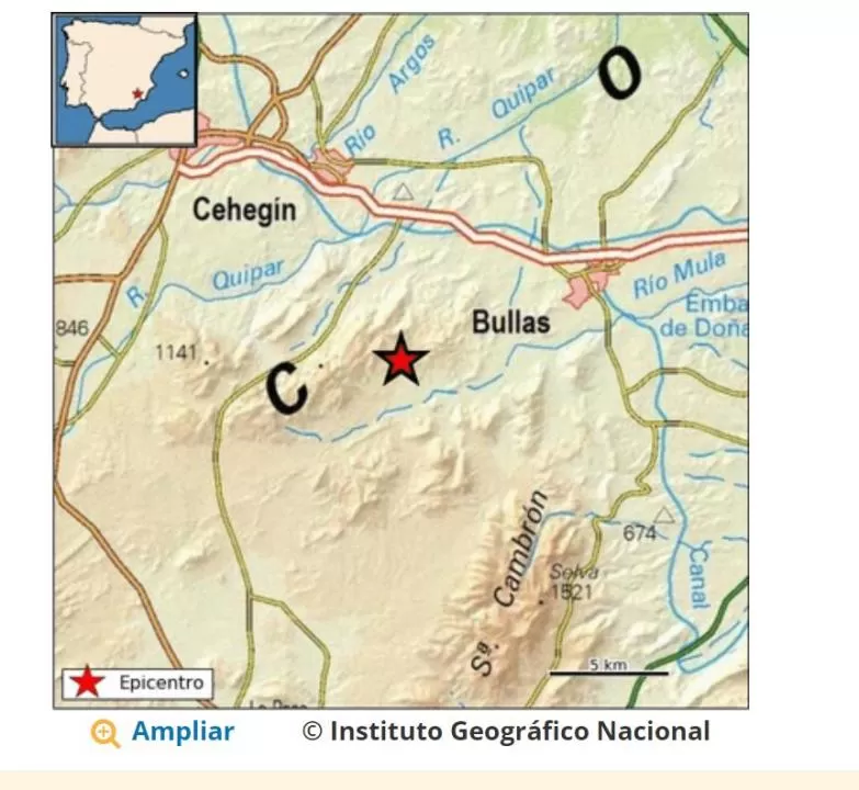 Registrado un terremoto de 3.5 grados de magnitud entre Bullas y Cehegín