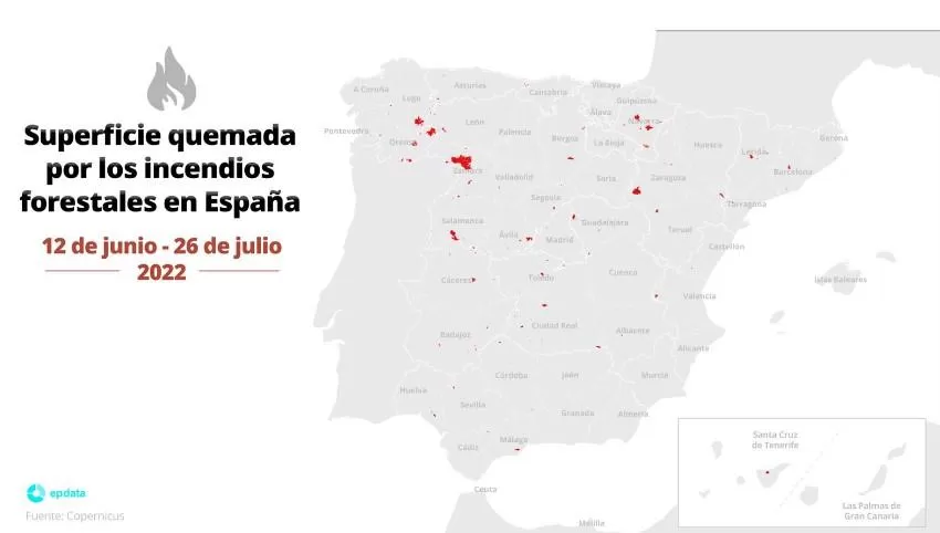 Superficies quemadas por los incendios forestales de junio y julio en España