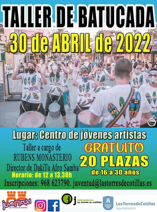 Un taller de batucada gratuito para jóvenes de 16 a 30 años en Las Torres de Cotillas