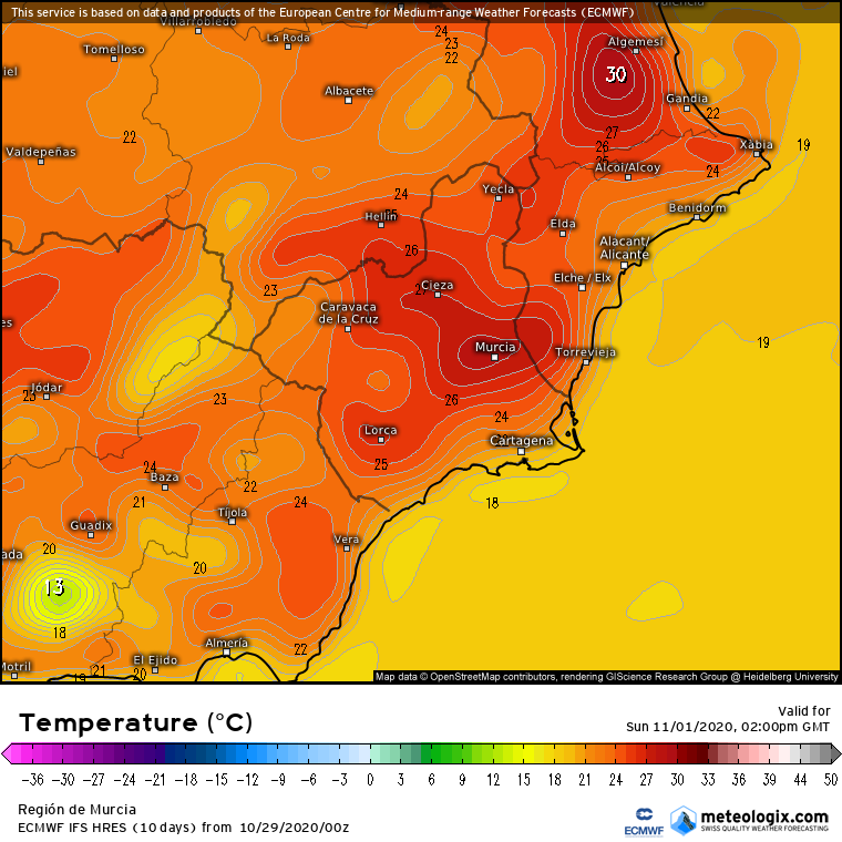 Temperaturas previstas el domingo 1 de noviembre a las 14:00 h en la Región de Murcia y zonas adyacentes.