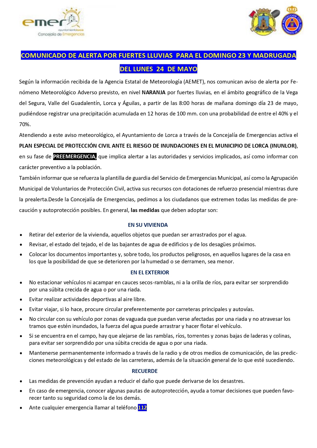 Activado el Plan Especial de Protección Civil ante el riesgo de inundaciones en el municipio de Lorca - Ayuntamiento de Lorca