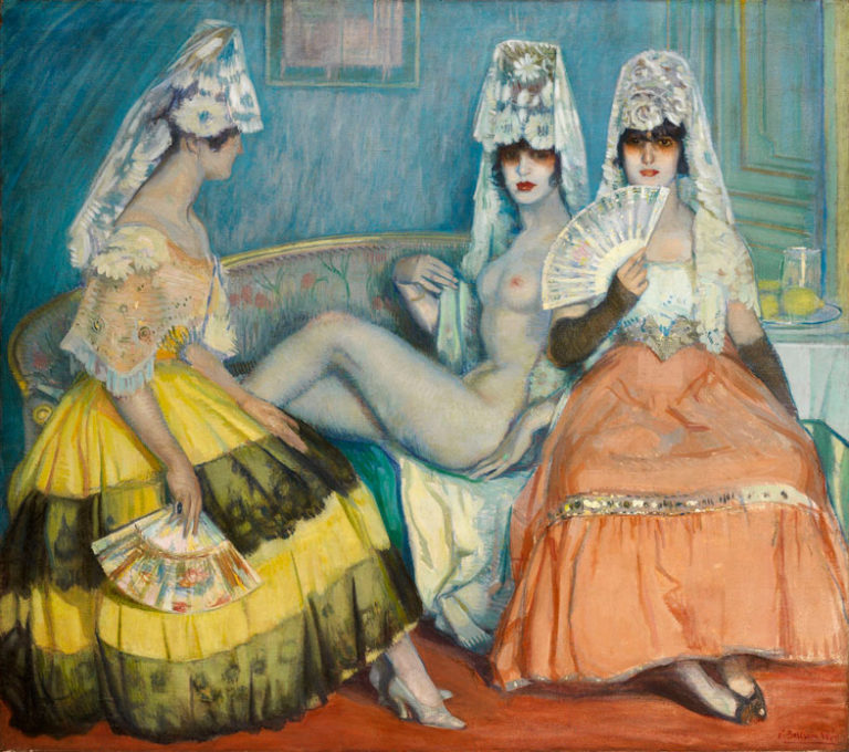 La Maja Marquesa, 1915. Federico Beltrán Massés. Esta obra fue un verdadero escándalo en la época, pues se interpretó que la maja representada desnuda era Gloria Laguna, en un claro guiño a su libertad sexual lésbica