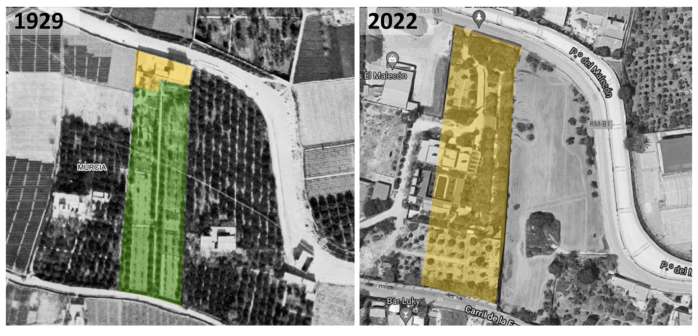 En la ortofoto de 1929 (a la izquierda), podemos ver la planta de la casa, además del alargado huerto-jardín que se desarrollaba desde el Malecón y hasta el carril de la Esparza. En la ortofoto de 2022 (a la derecha), comprobamos la actual finca, con la casona desaparecida.