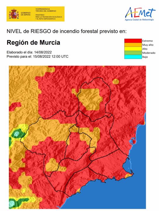 El nivel de riesgo de incendio forestal previsto para este lunes es extremo en la mayor parte de la region de murcia