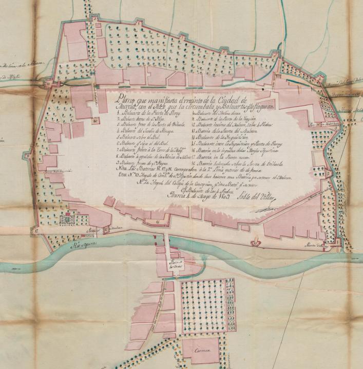 Detalle del plano del recinto exterior de la ciudad de Murcia con las obras de circunvalación o atrincheramiento, por Pablo del Villar (1809). Archivo Histórico del Ejército.