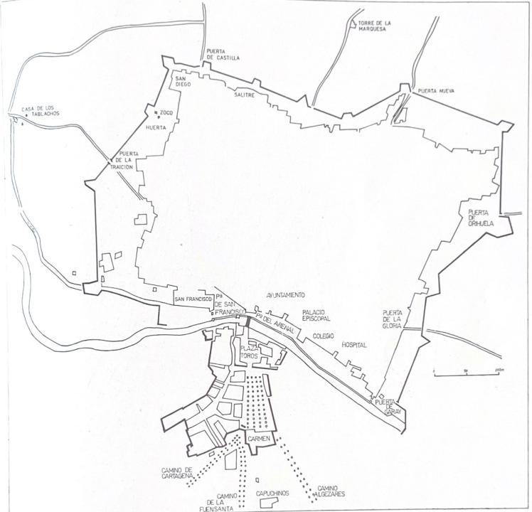 .Plano del proyecto de fortificación de Murcia (1812-20) por Manuel Rodríguez Hita. Archivo Histórico del Ejército.